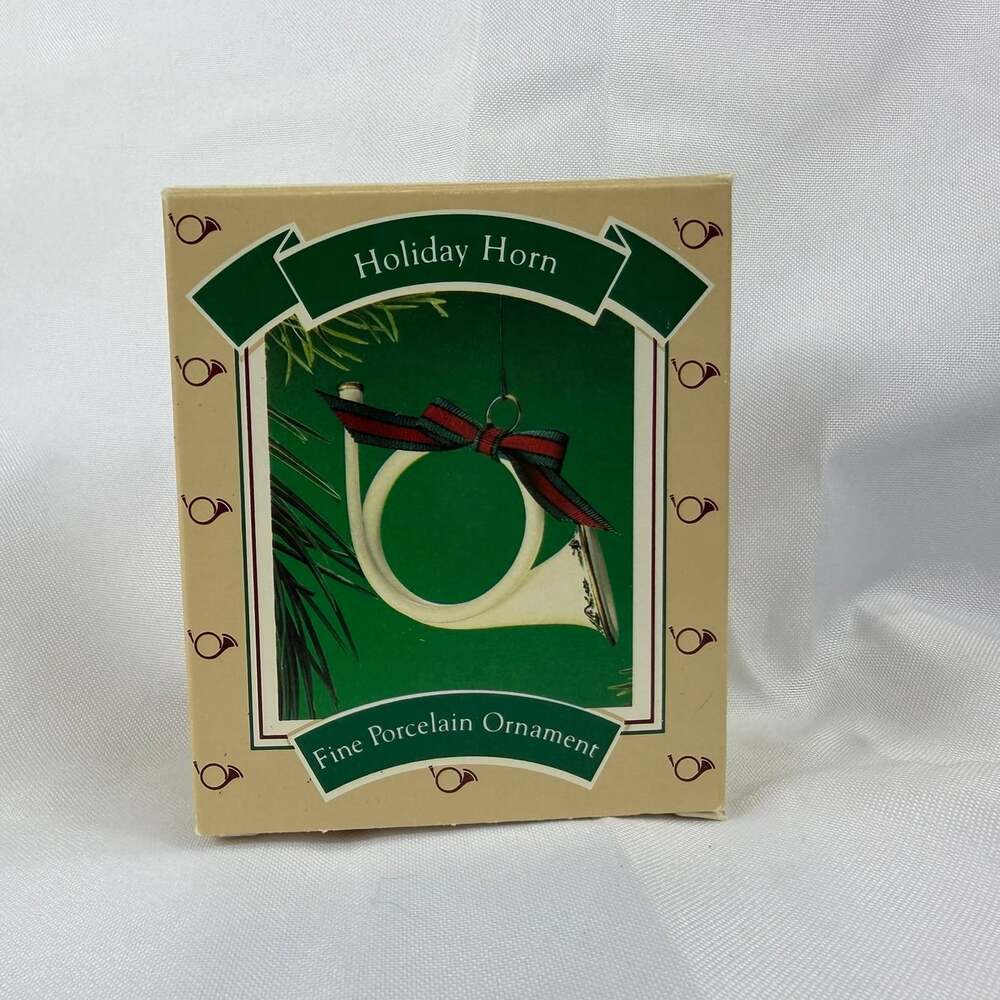 Vintage Hallmark Fine Porcelain Ornament HOLIDAY HORN 1986